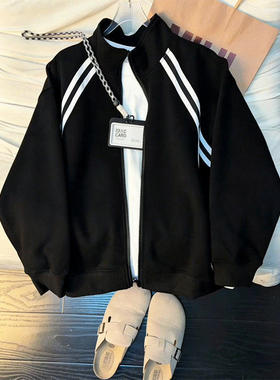 cleanfit黑色条纹撞色外套男款春季重磅开衫卫衣短款立领运动夹克