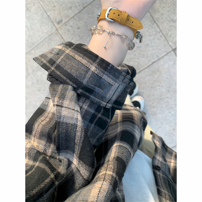 复古磨毛格子衬衫男格纹长袖衬衣