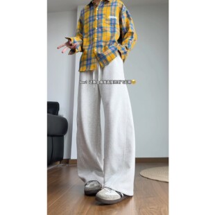 白灰色美式运动卫裤男直筒工装弯刀裤子高个子加长斜切阔腿休闲裤