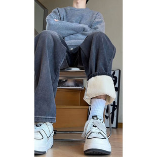 黑灰色加绒微喇牛仔裤男款秋冬美式vibe复古裤子加厚直筒阔腿长裤
