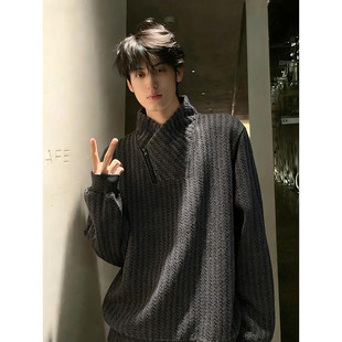 深灰色斜领拉链加绒卫衣男款冬季重磅长袖t恤鱼骨纹交叉V领打底衫