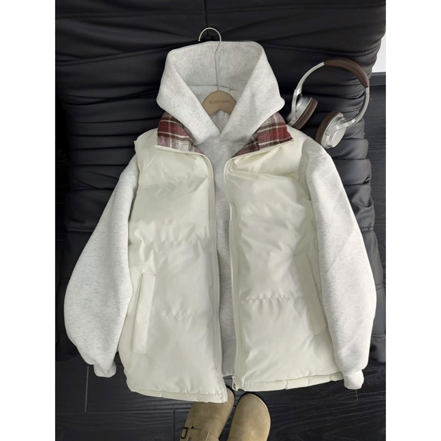 格子拼接羽绒马甲男加厚棉服坎肩