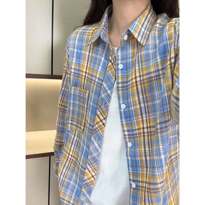 格子长袖衬衫男女设计感复古衬衣