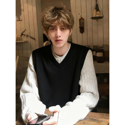 v领针织马甲男韩系穿搭无袖背心
