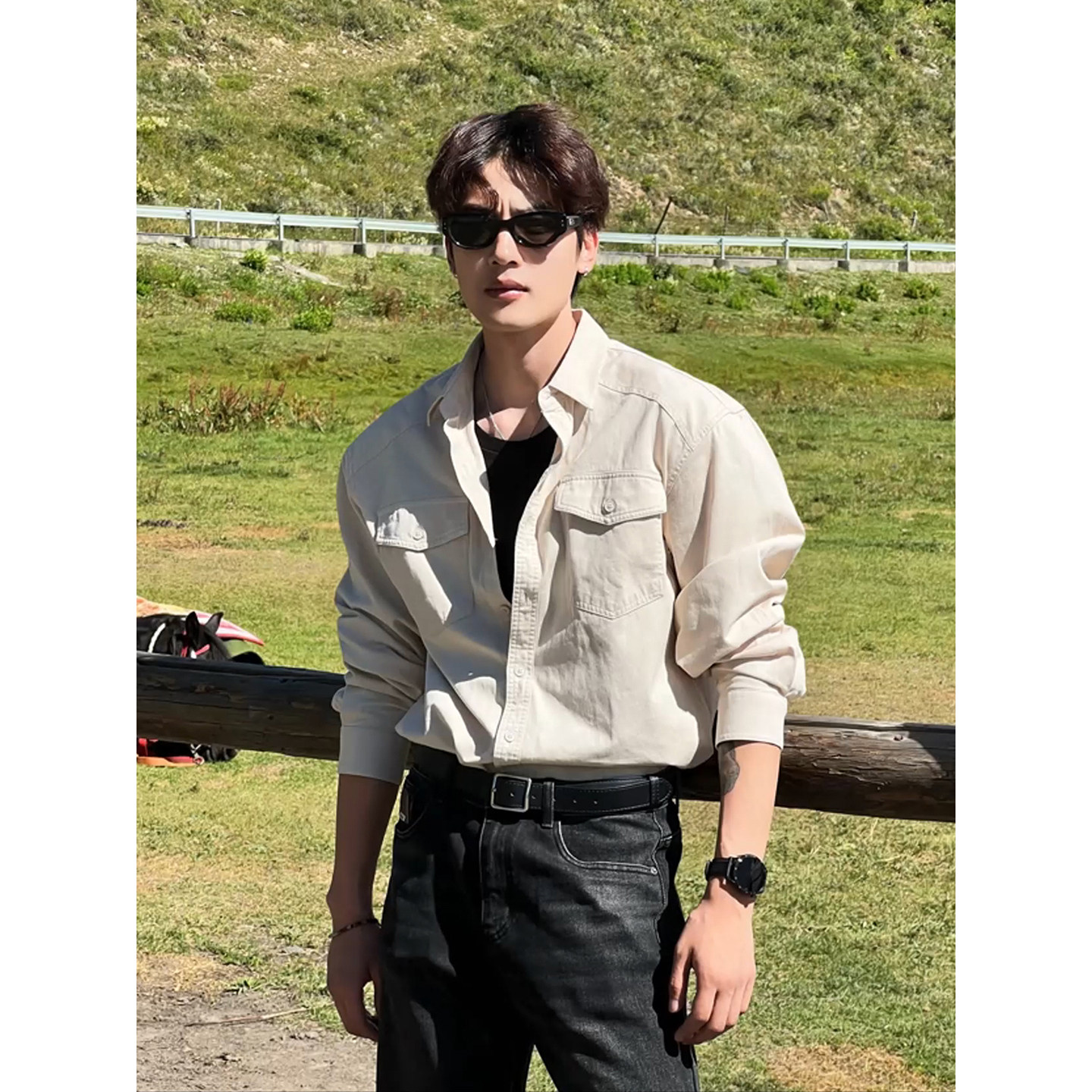 米杏色工装长袖衬衫男士秋季美式复古翻领衬衣内搭高级感痞帅外套,男装,衬衫,淘宝优惠券,粉丝福利购,淘宝优惠卷