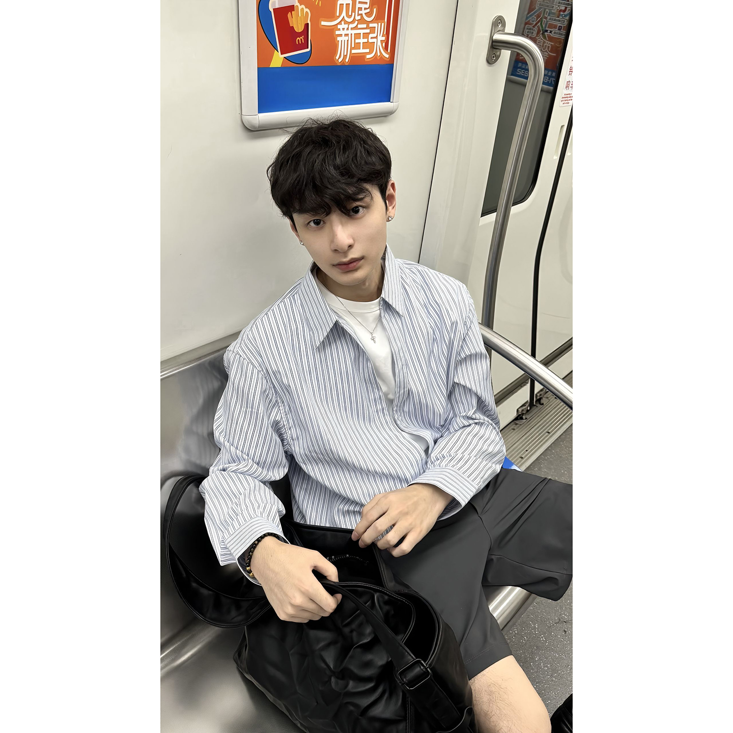 条纹长袖衬衫高级感痞帅立领衬衣