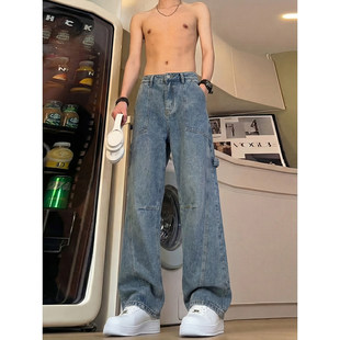 复古蓝弯刀微喇牛仔裤男款春季美式高街裤子斜切显腿长直筒工装裤