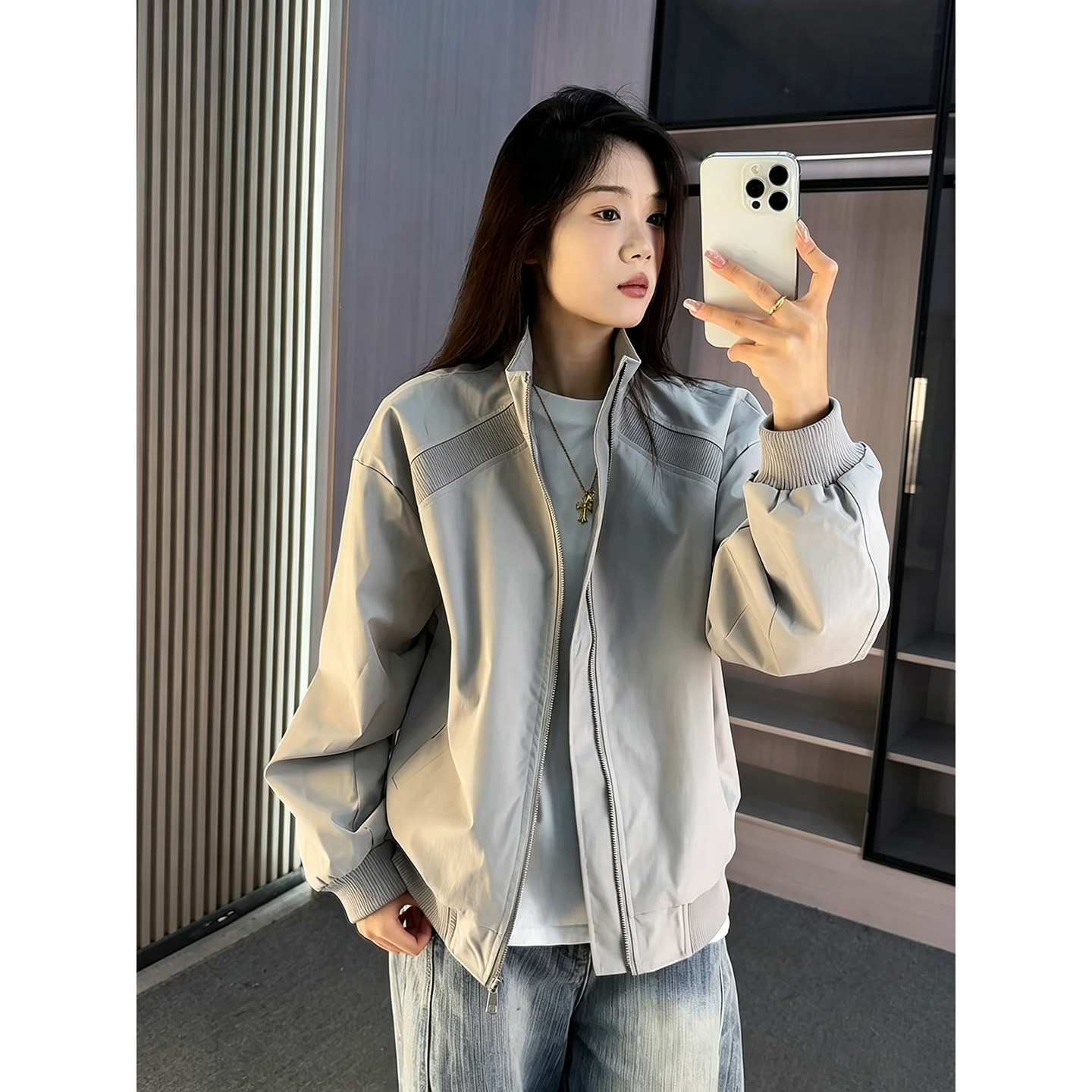 cleanfit灰色飞行夹克男女秋季美式重磅正肩立领外套高级感冲锋衣