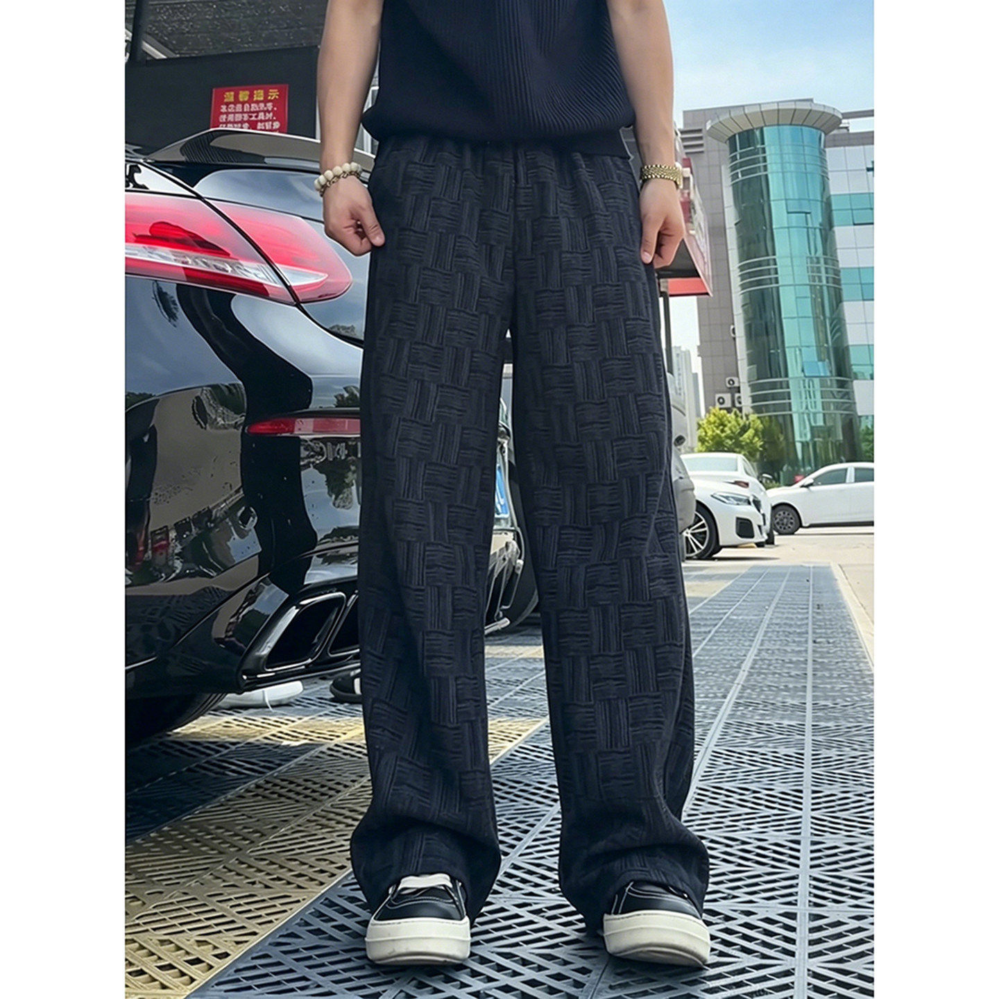 黑色扎染格子裤子男夏季薄款青少年运动裤直筒宽松显瘦微喇休闲裤