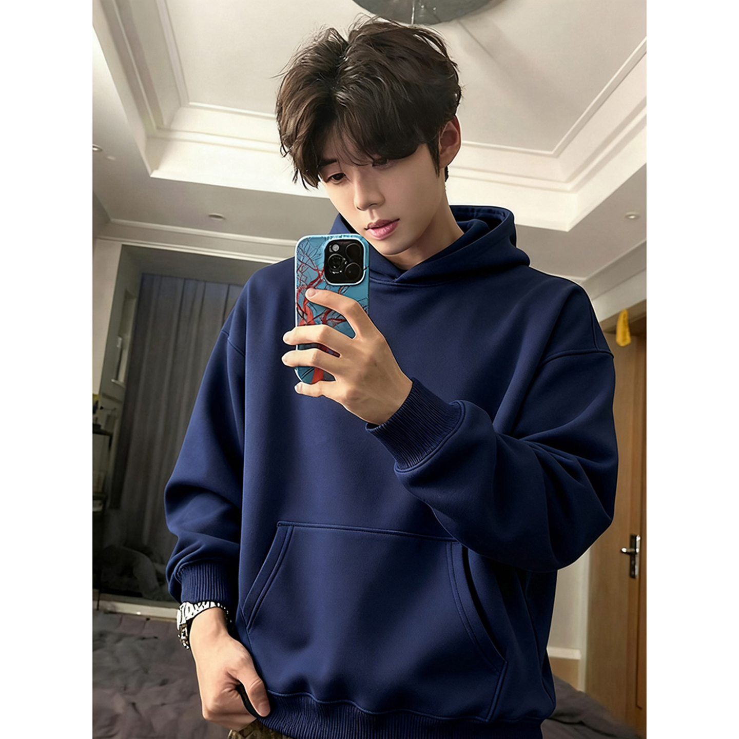 加绒加厚卫衣男秋冬重磅硬挺外套