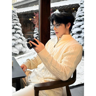 麻花绞纹老钱风毛衣男款秋冬半拉链立领针织衫内搭美式复古厚外套