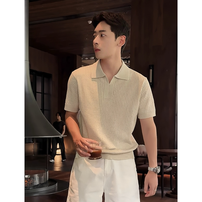 卡其色针织短袖polo衫男款夏季老钱风休闲t恤美式正肩海鸥领半袖