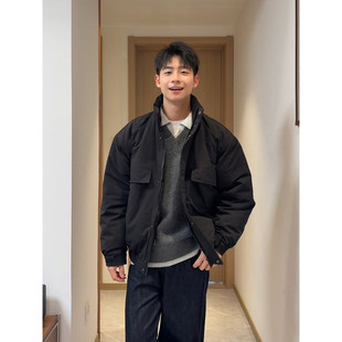 加厚工装 冬季 夹棉外套boxy短宽保暖飞行夹克 黑色立领棉服男款 美式