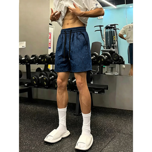 藏青色缎面提花速干短裤男款夏季