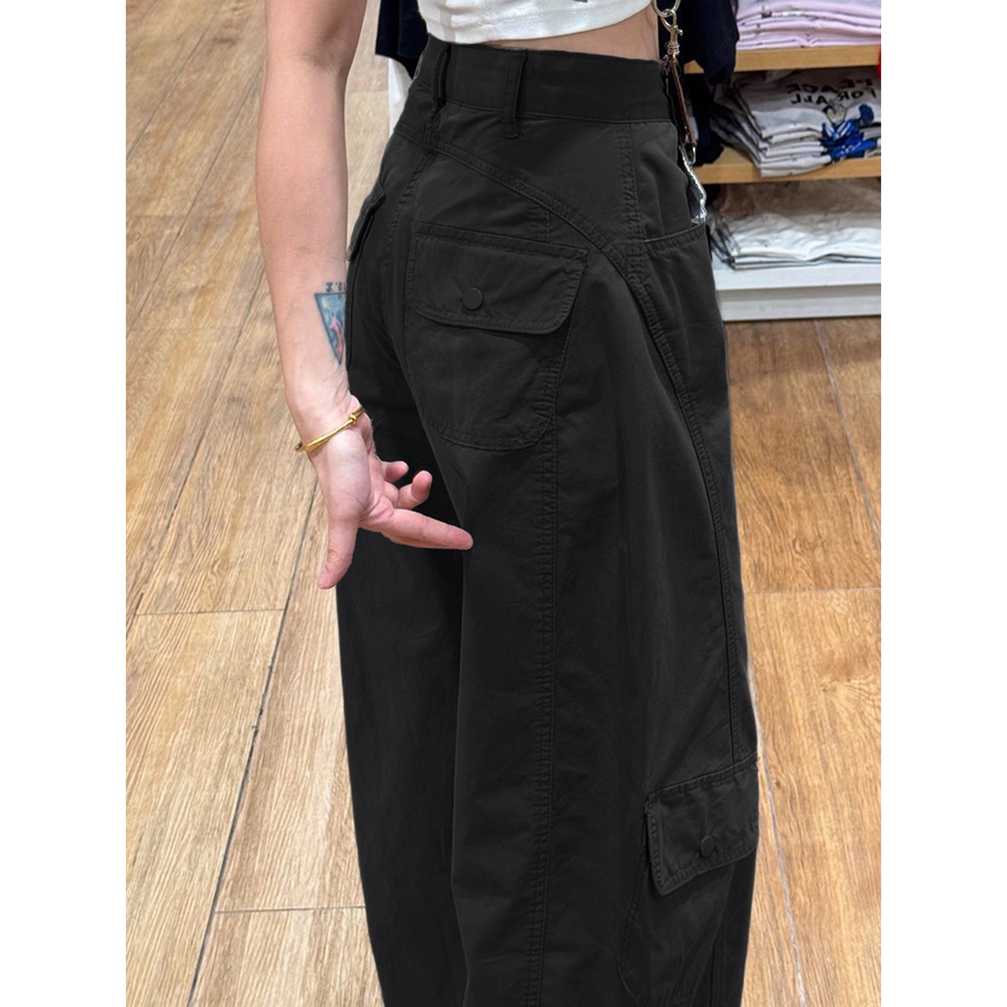 黑色美式多口袋工装裤男女秋季显瘦弯刀阔腿裤子直筒宽松休闲长裤