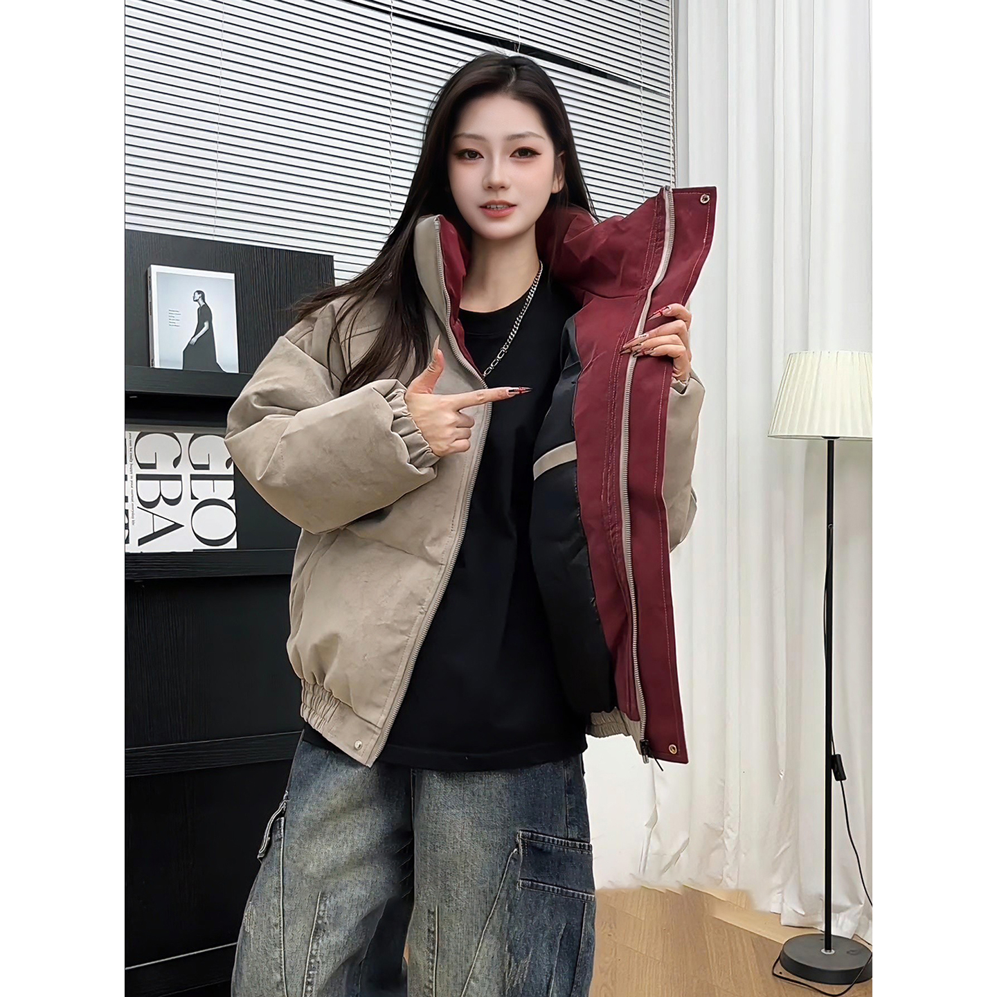 撞色美式PU皮羽绒棉服男冬季三防夹棉棉衣外套防寒加厚短款面包服