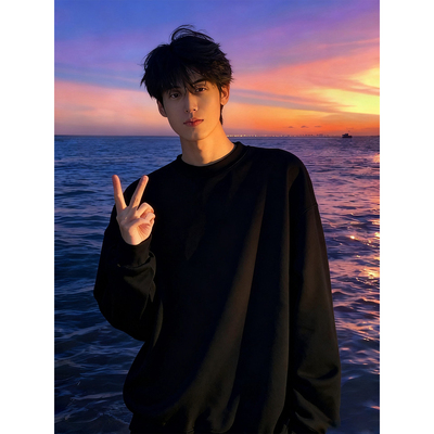 圆领加绒卫衣男重磅美式长袖t恤