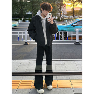 cleanfit黑色微喇牛仔裤男秋冬青少年加绒裤子高街加绒窄版直筒裤