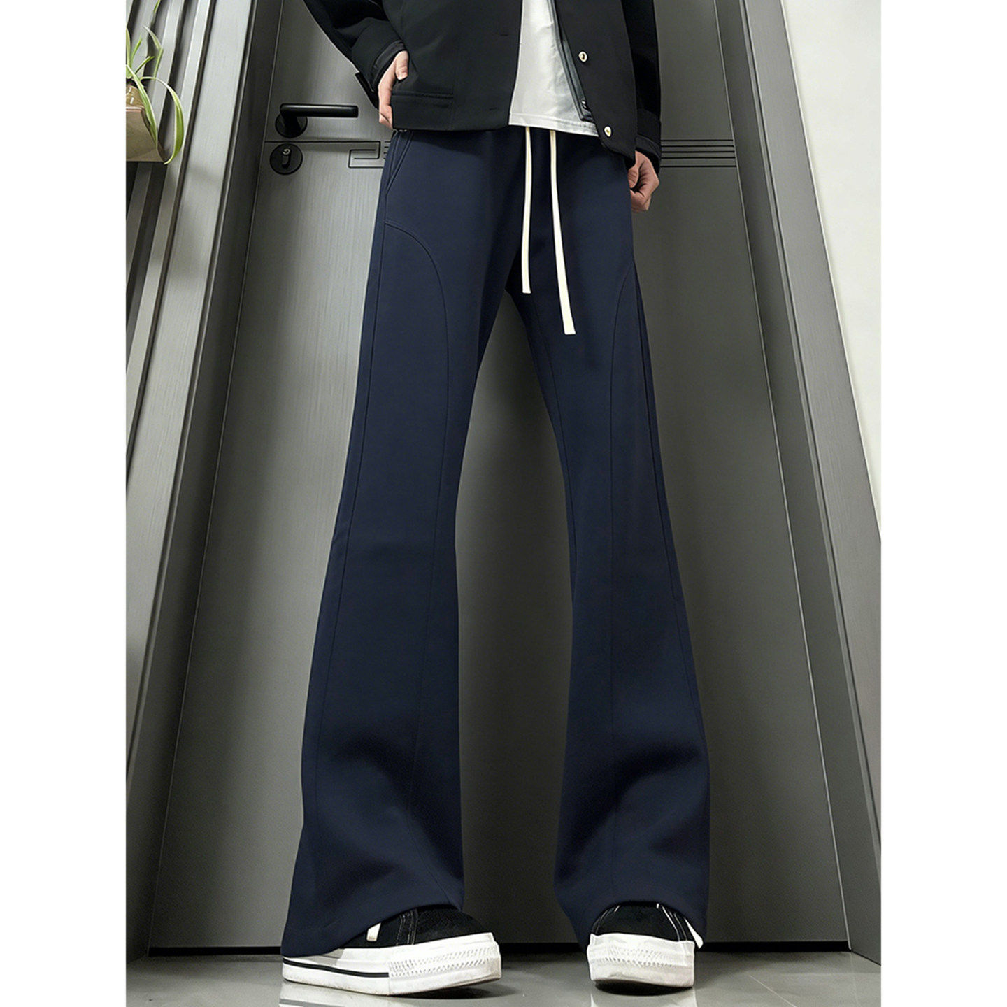 藏青色运动健身卫裤男款冬季厚款加绒弯刀裤子斜切美式直筒微喇裤,男装,卫裤,淘宝优惠券,粉丝福利购,淘宝优惠卷