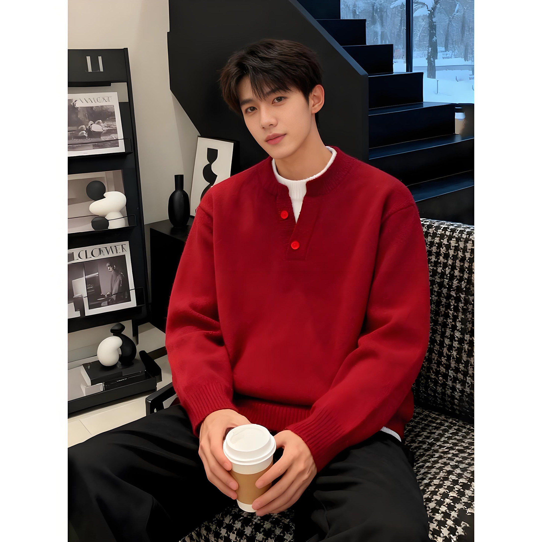 假两件亨利领polo毛衣男款冬季圣诞穿搭红色针织衫情侣内搭打底衫