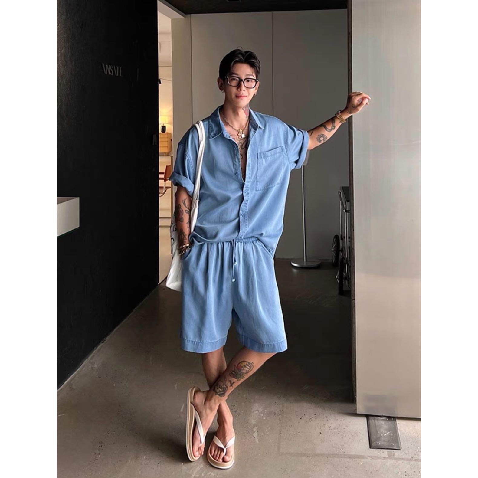 莱赛尔天丝短袖衬衫男女夏季一整套ootd穿搭慵懒松弛感老钱风套装
