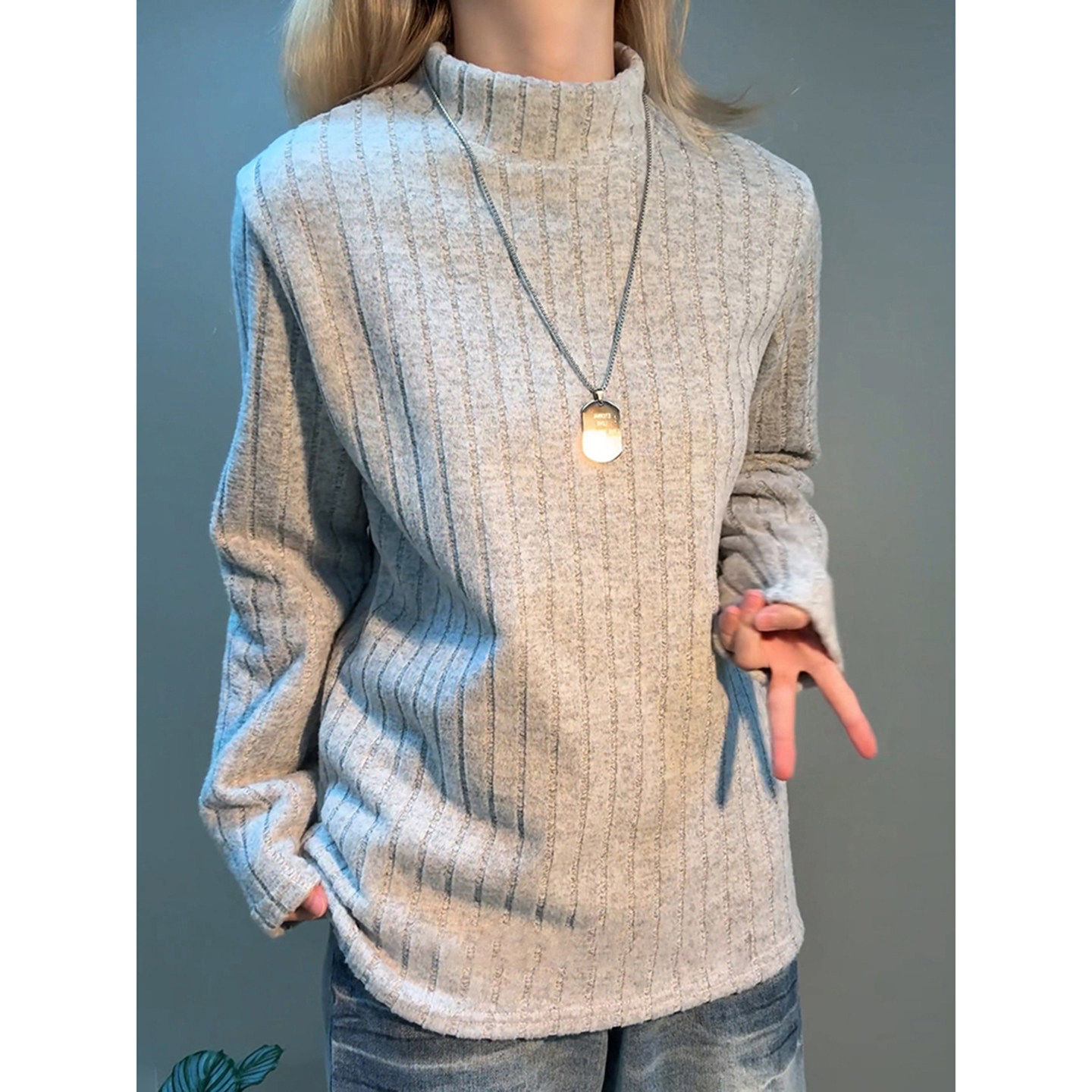 灰色半高领加绒卫衣男款冬季慵懒条纹长袖t恤加厚针织内搭打底衫