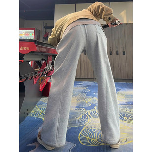 浅灰色加绒弯刀卫裤男款秋冬美式复古垂感裤子直筒宽松休闲运动裤