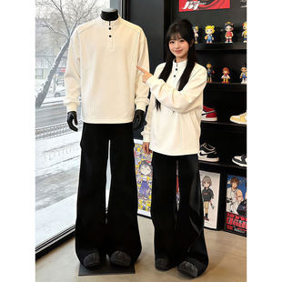 t恤白色正肩内搭打底衫 美式 解构重磅长袖 冬季 亨利领加绒卫衣男款