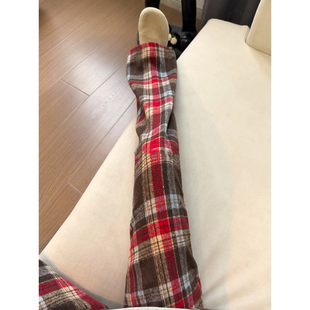红色条纹毛呢格子卫裤男款冬季重磅加绒加厚裤子垂感直筒微喇长裤