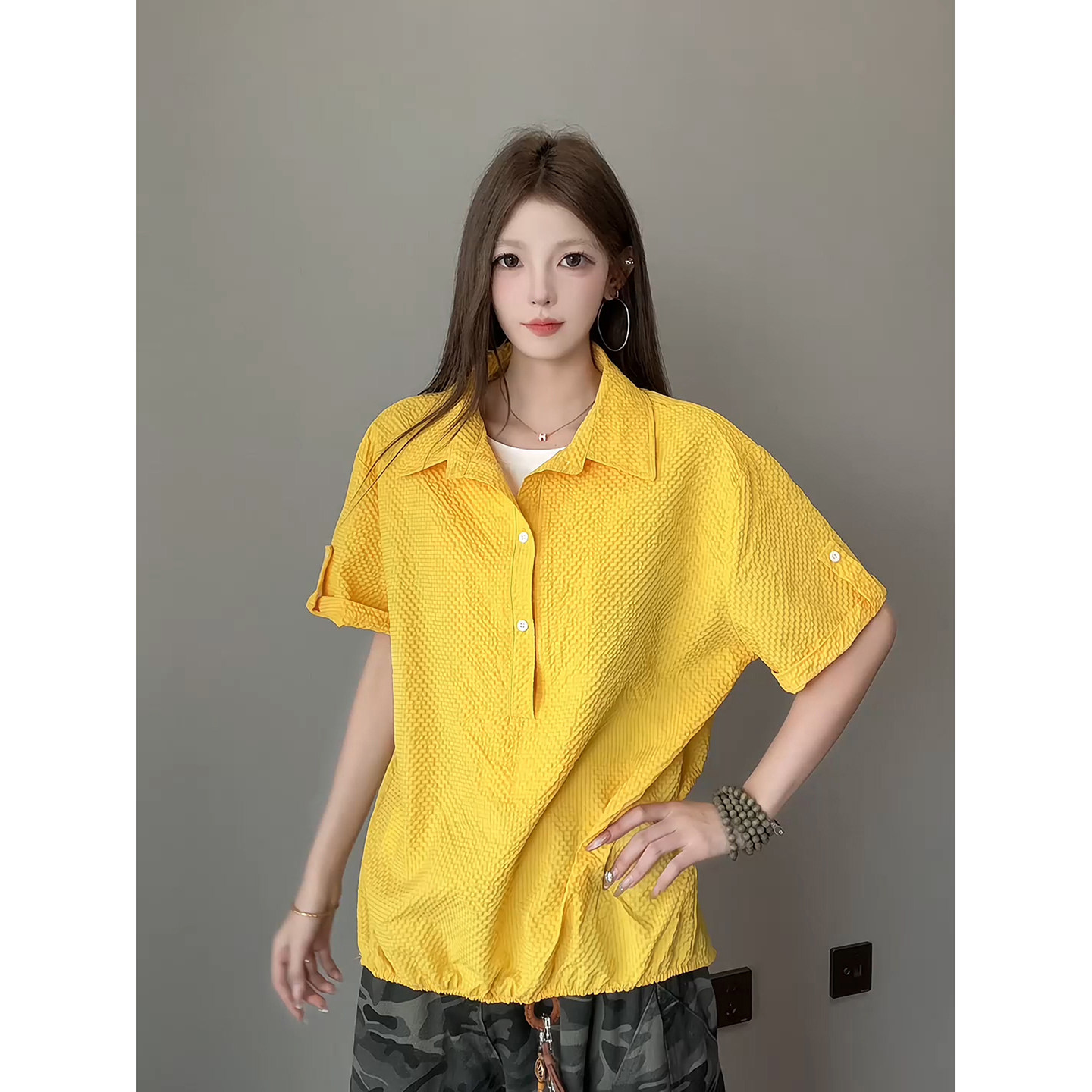 黄色泡泡纱速干短袖衬衫女夏季薄款防晒衬衣翻领小众polo情侣外套