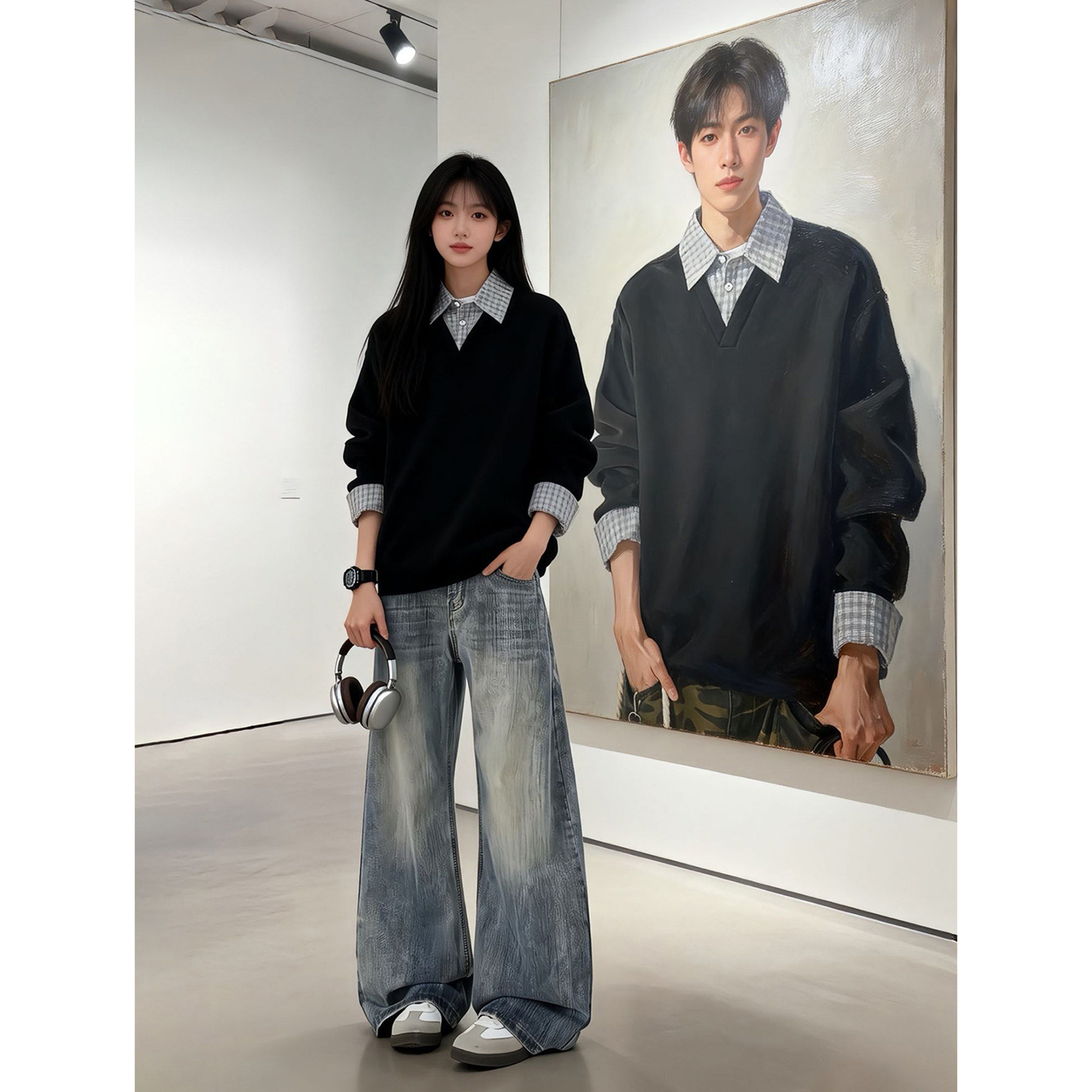 假两件翻领Polo卫衣男女款春季撞色拼接情侣外套重磅内搭打底上衣