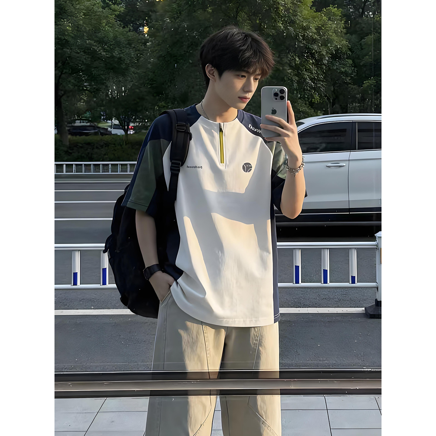 美式半拉链冰丝速干短袖男款夏季户外羽毛球运动t恤骑行服半截袖