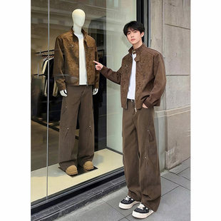 美拉德褶皱斜切牛仔裤男春季美式复古弯刀裤子显瘦显高微喇工装裤