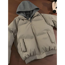 假两件美式PU皮羽绒棉服男款冬季设计感双拉链外套连帽短款面包服