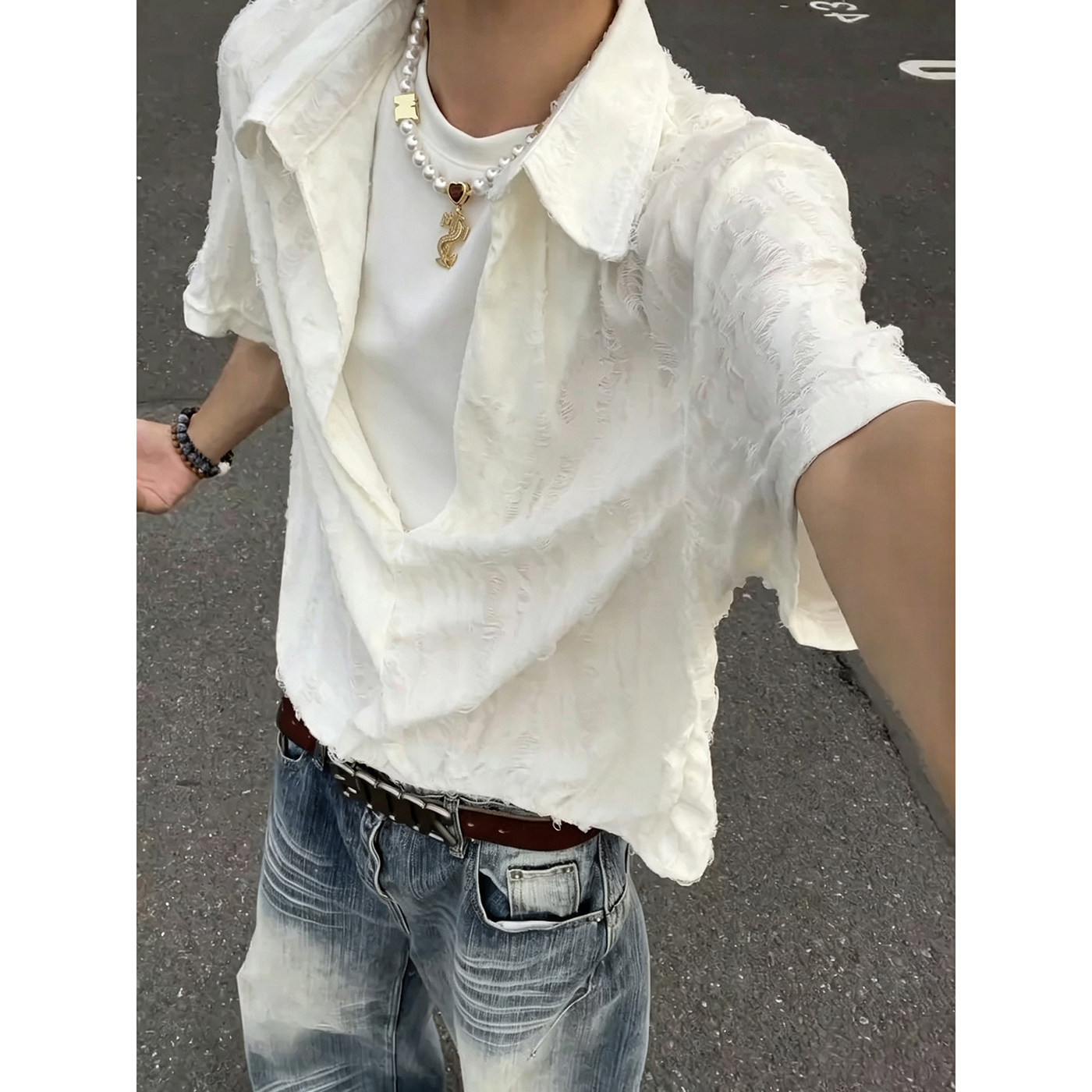 假两件老钱风破洞短袖衬衫男夏季图片