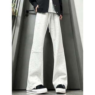 灰色加绒微喇运动卫裤男款冬季美式弯刀裤子斜切宽松直筒休闲长裤