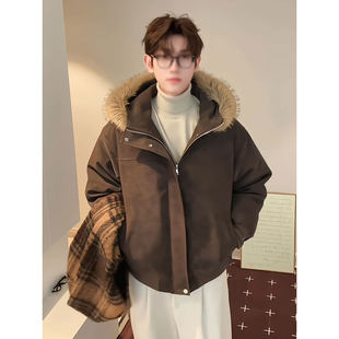 座山雕毛领连帽羽绒棉服男冬季美拉德PU皮外套美式飞行员夹克棉袄