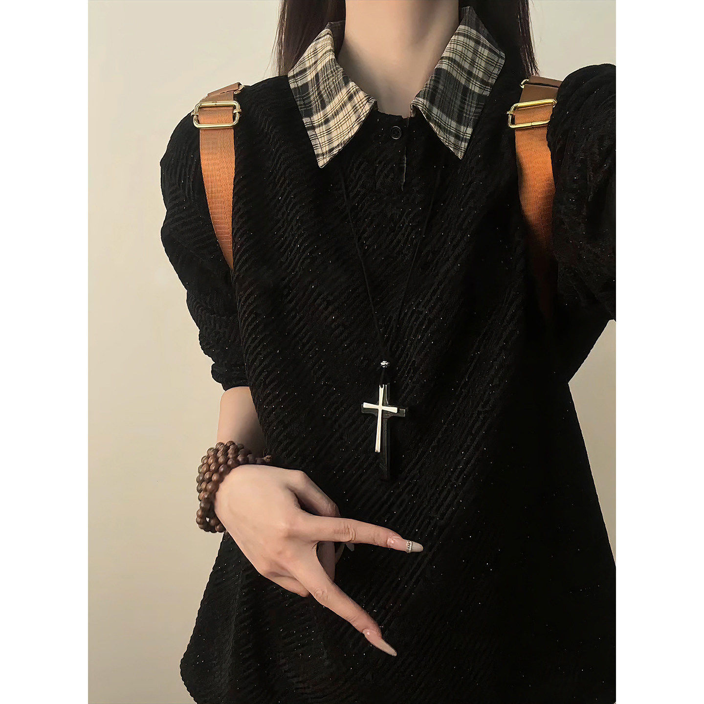 黑色满天星针织polo衫男款秋冬加绒格子翻领卫衣重磅内搭长袖t恤