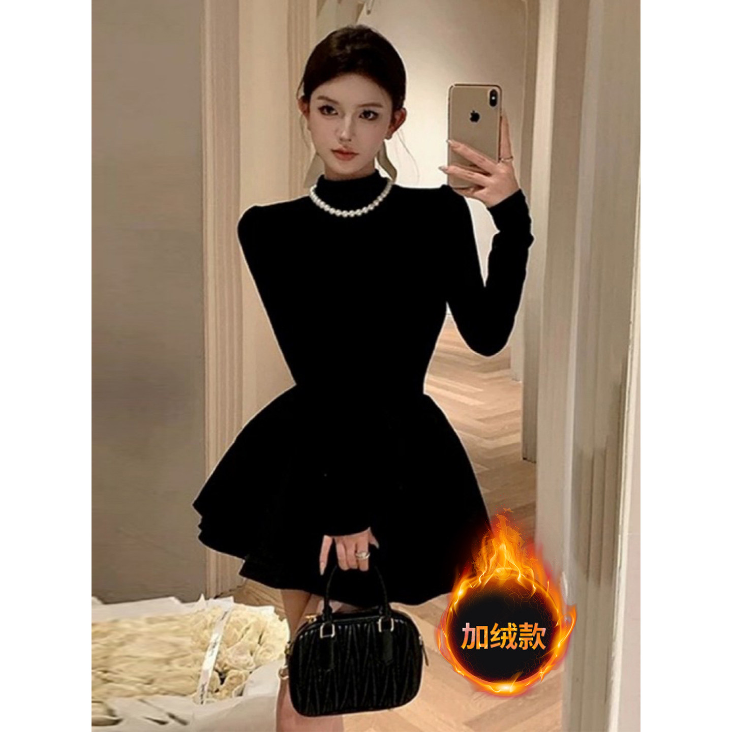 黑色蓬蓬连衣裙女秋冬季法式内搭千金小黑裙子加绒加厚小个子新款