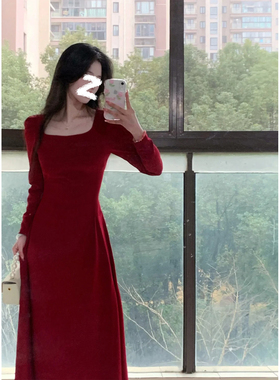 小个子秋冬季连衣裙女新娘敬酒礼服红色裙子订婚法式长裙冬装小众