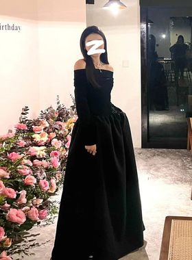 黑色一字肩连衣裙女掐腰御姐绝美晚礼服长袖长裙子生日冬装新款