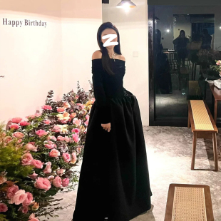 新款 黑色一字肩连衣裙女掐腰御姐绝美晚礼服长袖 长裙子生日冬装
