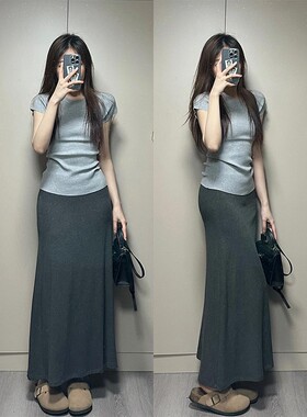 灰色半身裙女长款秋季小个子春夏高级独特绝美小裙子气质御姐韩系