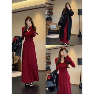小个子 大衣内搭冬装 红色针织连衣裙女港风独特漂亮裙子长款 秋冬季