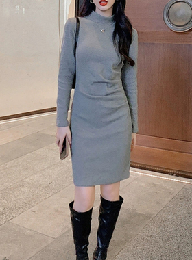 灰色半高领内搭连衣裙女冬季修身针织包臀短裙子加长打底紧身新款