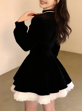 黑色赫本风小个子小黑裙礼服连衣裙女小个子长袖公主风气质高级感