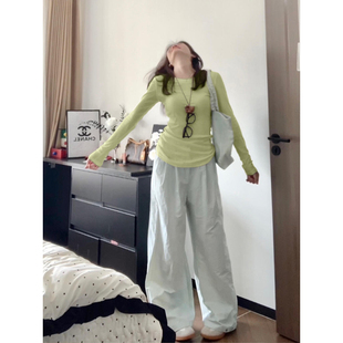 黄绿色修身罩衫薄纱女夏季夏日轻薄款设计感t恤长袖防晒上衣小众