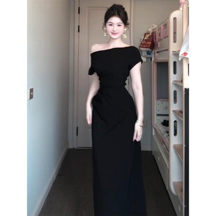 黑色礼服斜肩连衣裙女微胖绝美性感一字肩裙子高级感长裙御姐新款