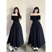 黑色一字肩连衣裙子法式 气质赫本风小众长裙女轻奢高级感礼服绝美