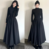 黑色高级感长款 加绒厚 冬装 连衣裙女大衣内搭气质长裙子新款 秋冬季